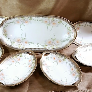 Rare Antique Bavarian Serving Set, Peach Roses with gold and black border, beautiful dainty floral set, larger dish and 6 smaller dishes