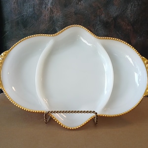 Vintage Fire King Oven Ware Milk Glass with Gold Trim, divided relish or snack tray