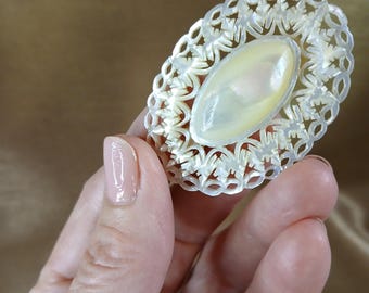 Vintage Hand Carved Mother of Pearl Brooch/pin, Domed