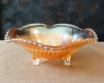 Vintage Jeanette Marigold Peach Carnival Glass Candy Dish, Scalloped Edge