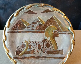 Vtg Egyptian Pyramid & Sphinx Plate, Handcrafted Mixed Metals, 8