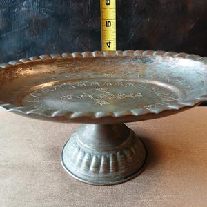 Vintage MC Copper and Tin Metal Hand-Pounded Footed Primitive Folk Craft Hand-Carved Detail Shallow Bowl, 9 1/2 long x 7 wide and 3 3/4 high
