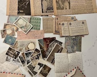 WWII Military Ephemera Lot Photos Documents Currency Letters Ration Books Papers