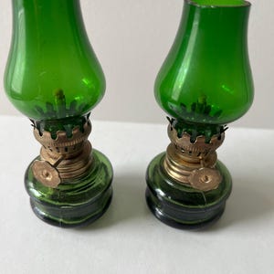 Vintage Miniature Kerosine Oil Lamps Set of 2 Green Glass And Brass 4” Finger Lamps Unused