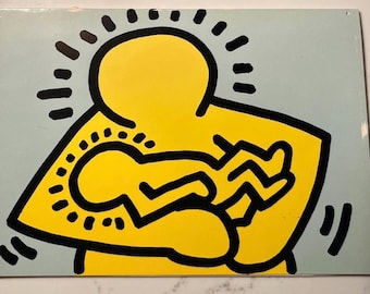 Rara tarjeta vintage de Keith Haring, Pop Shop de 1985, Madre e hijo