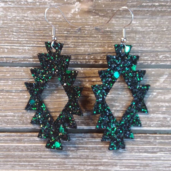 Glittery green faux leather southwest earrings