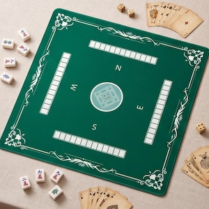 Pode incluir: Um tapete de jogo quadrado verde com ornamentos decorativos brancos nos cantos, quatro pistas de pontuação retangulares e um círculo central marcado com as letras N, S, E e W. Peças de mahjong e cartas de jogar estão espalhadas.