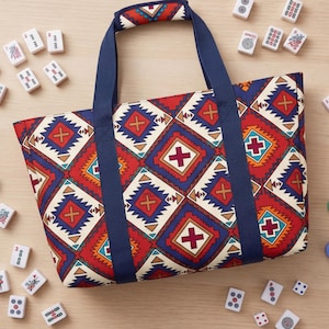 Large Printed Fabric Mahjong Bag 3-Piece Set Tote and Sleeves for Game Night