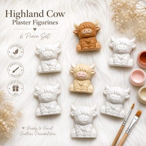 May include: A set of six Highland Cow plaster figurines. The set includes figurines in white, tan, and brown. The figurines are ready to paint and are a great gift idea. The text on the image says "Highland Cow Plaster Figurines 6 Piece Set".