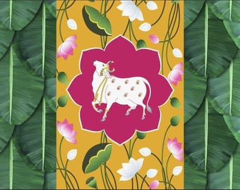 Banana Leaf with Pichwai cow backdrop housewarming decor