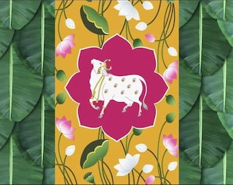 Pichwai cow backdrop with lotus flower housewarming decor pooja cloth backdrop