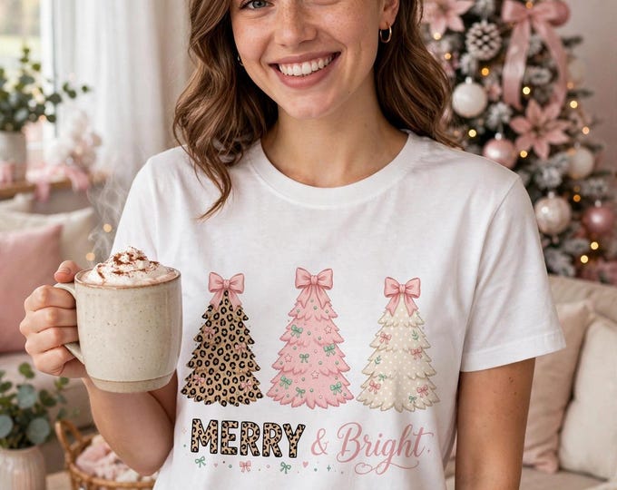 Coquette Christmas Shirt | Merry and Bright Leopard Pink Christmas Tree Tee | Pink Bow Holiday T-Shirt for Women | Cute Christmas Gift