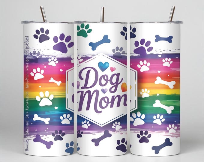 20 oz Skinny Stainless Steel Tumbler | Dog Mom Rainbow Paw Print Cup with Lid & Straw