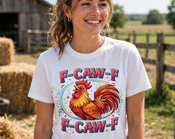 Funny F-CAW-F Rooster T-Shirt | Sarcastic Chicken Farm Humor Tee