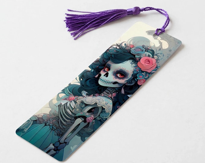 La Catrina Teal Metal Bookmark with Tassel — Day of the Dead Aluminum Bookmark, Dia de los Muertos, Book Lover Gift