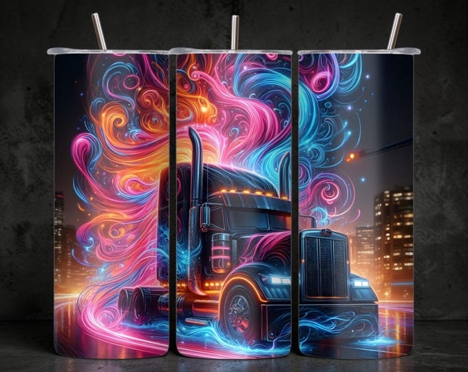 Neon Semi Truck Tumbler, 20 oz Skinny Cup with Lid & Straw, Truck Driver Gift