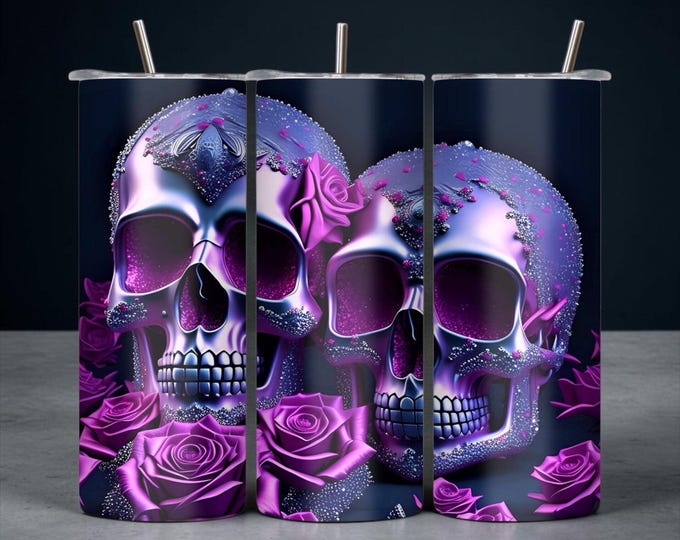 20 oz Skinny Tumbler | Purple Skull Roses, Gothic Cup with Lid & Straw