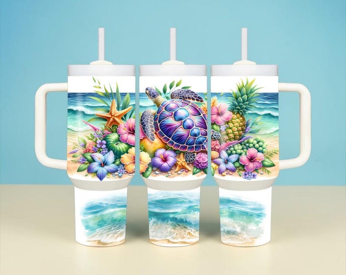 Tropical Sea Turtle 40 oz Insulated Tumbler – Beach Cup with Handle, Lid, Straw