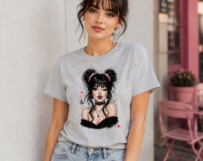 Goth Grunge Girl T-Shirt | Pink Heart, Space Buns, Emo Style Tee