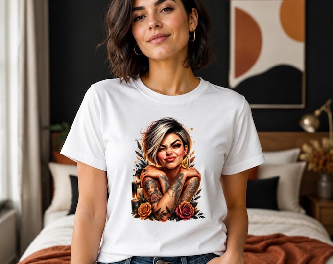 Edgy Graphic T Shirt | Sassy Tattoo Girl Floral Tee | Bold Attitude Shirt for Women