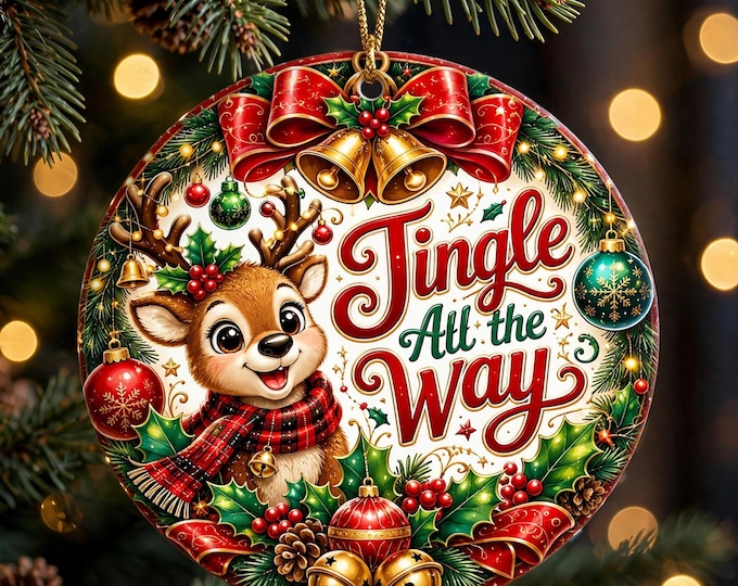 Reindeer Christmas Ornament | Jingle All the Way Ornament | Double Sided MDF Christmas Tree Decoration | Cute Christmas Gift