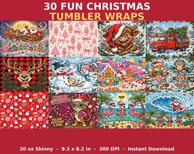 30 Christmas Tumbler Wraps Bundle | 20 oz Skinny Sublimation PNGs (Instant Download)