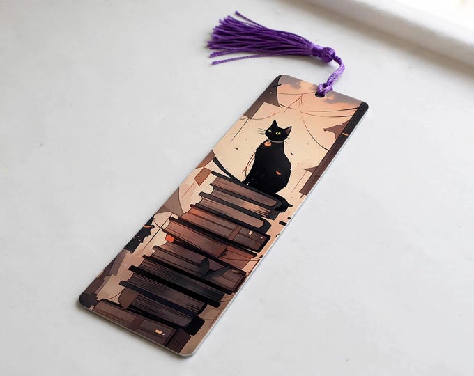 Black Cat on a Book Stack Metal Bookmark with Tassel — Cat Aluminum Bookmark, Book Lover Gift, Cat Mom Gift, Stocking Stuffer