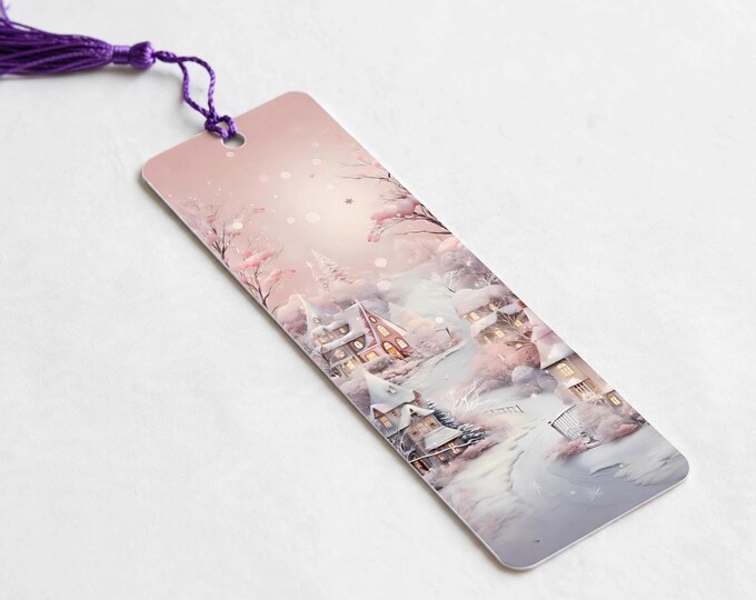 Pink Village Metal Bookmark with Tassel | Aluminum Bookmark | Watercolor Winter Cottages | Book Lover Gift