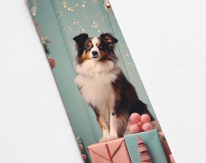 Australian Shepherd with Gifts Metal Bookmark with Tassel — Christmas Dog Aluminum Bookmark, Book Lover Gift, Stocking Stuffer