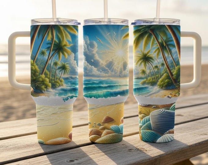 40 oz Tropical Beach Tumbler – Palm Trees, Ocean Waves, Seashells (Insulated Stainless Steel)