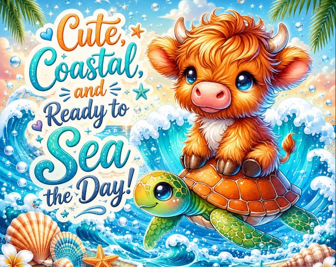 Highland Cow Sea Turtle Tumbler Wrap | Coastal Summer Sublimation Design (20oz Skinny)