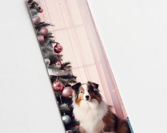 Australian Shepherd by the Tree Metal Bookmark with Tassel — Christmas Dog Aluminum Bookmark, Book Lover Gift, Stocking Stuffer