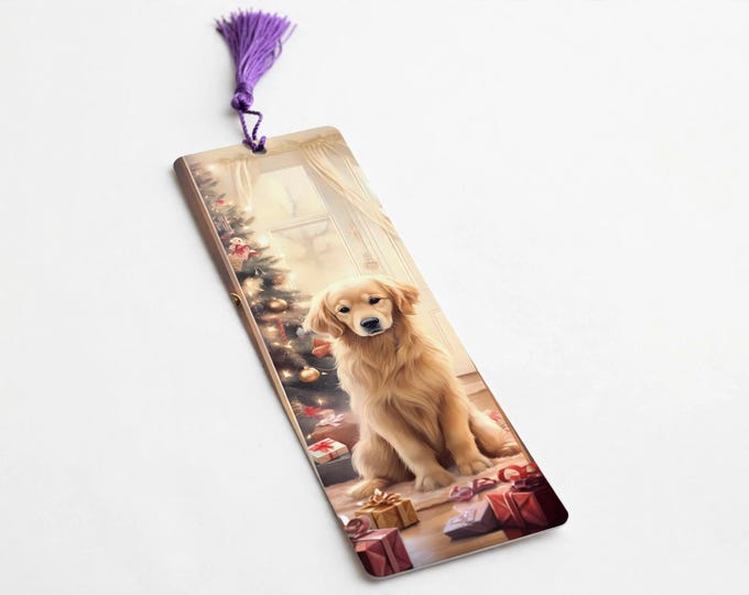 Golden Retriever Doorway Metal Bookmark with Tassel — Christmas Dog Aluminum Bookmark, Book Lover Gift, Stocking Stuffer