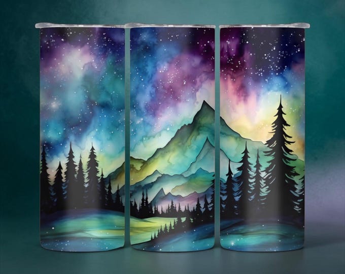 Northern Lights Mountain Tumbler, Watercolor Aurora Sky Cup (20 oz)