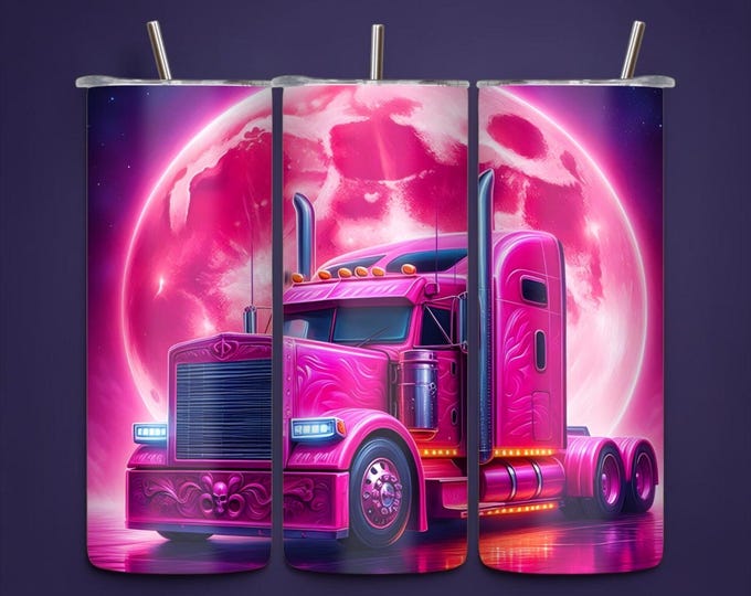 Pink Semi Truck Tumbler 20 oz Moon, Neon Truck Driver Gift, Pink Tumbler With Lid and Straw, Night Sky Cup