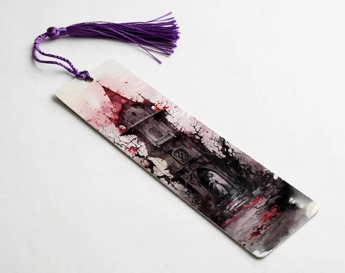 The Haunted Tower Metal Bookmark with Tassel — Gothic Aluminum Bookmark, Dark Academia Gift, Book Lover Gift, Stocking Stuffer