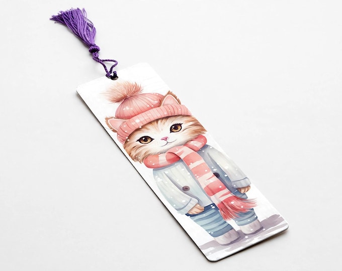 Winter Kitten in Pink Hat and Scarf Metal Bookmark with Tassel — Cat Aluminum Bookmark, Book Lover Gift, Cat Mom Gift, Stocking Stuffer