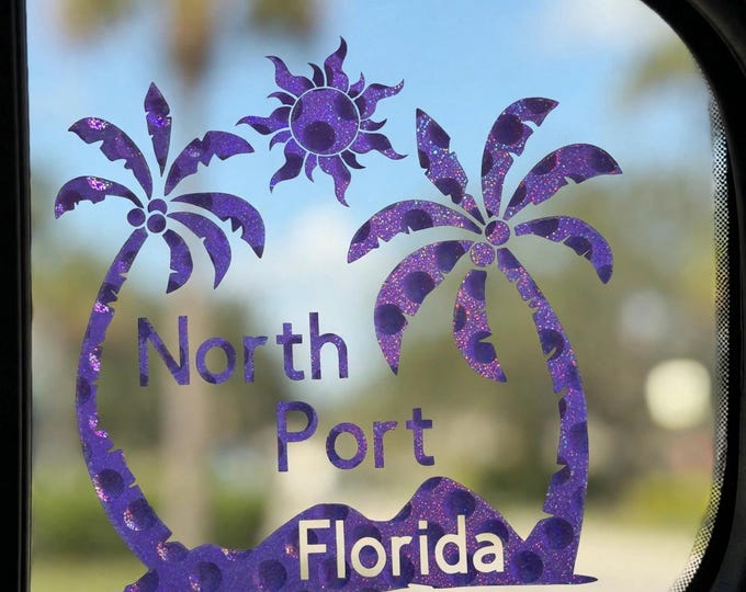 Florida City Palm Tree Vinyl Car Decal | Choose Your City Window Sticker | North Port Venice Sarasota + More