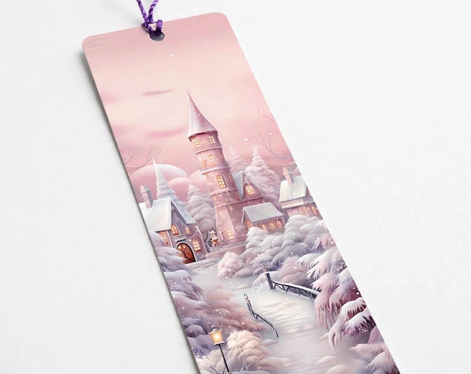 Pink Castle Metal Bookmark with Tassel | Aluminum Bookmark | Watercolor Winter Village | Book Lover Gift