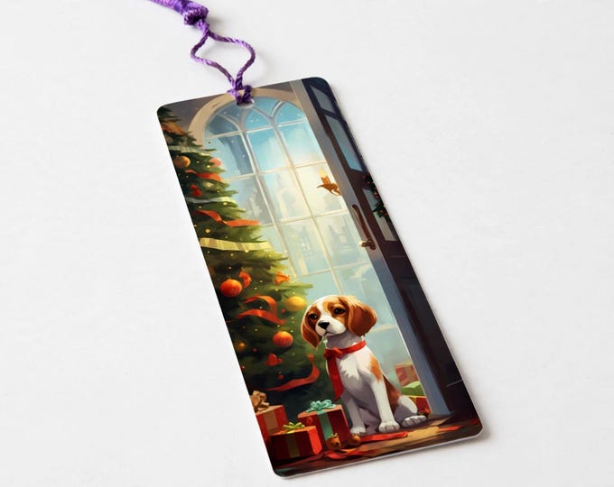 Beagle Puppy with Ribbon Metal Bookmark with Tassel — Christmas Dog Aluminum Bookmark, Book Lover Gift, Stocking Stuffer