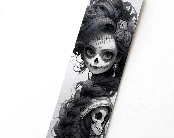 La Catrina Black and White Metal Bookmark with Tassel — Day of the Dead Aluminum Bookmark, Dia de los Muertos, Book Lover Gift