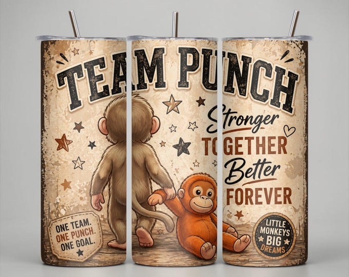 20 oz Skinny Tumbler – Team Punch Monkey Plush Buddy Motivational Cup (Lid & Straw)