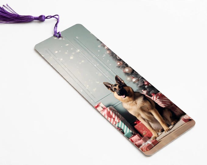 German Shepherd with Gifts Metal Bookmark with Tassel — Christmas Dog Aluminum Bookmark, Book Lover Gift, Stocking Stuffer