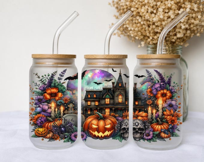 Halloween Glass Can Tumbler 16oz | Haunted House Spooky Floral Cup | Iced Coffee Glass with Bamboo Lid