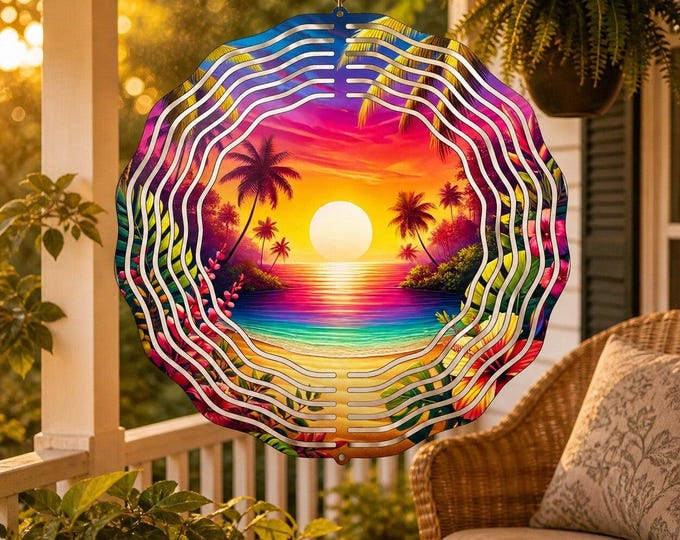 8" Tropical Sunset Wind Spinner | Palm Tree Ocean Garden Decor (Outdoor Patio Art)