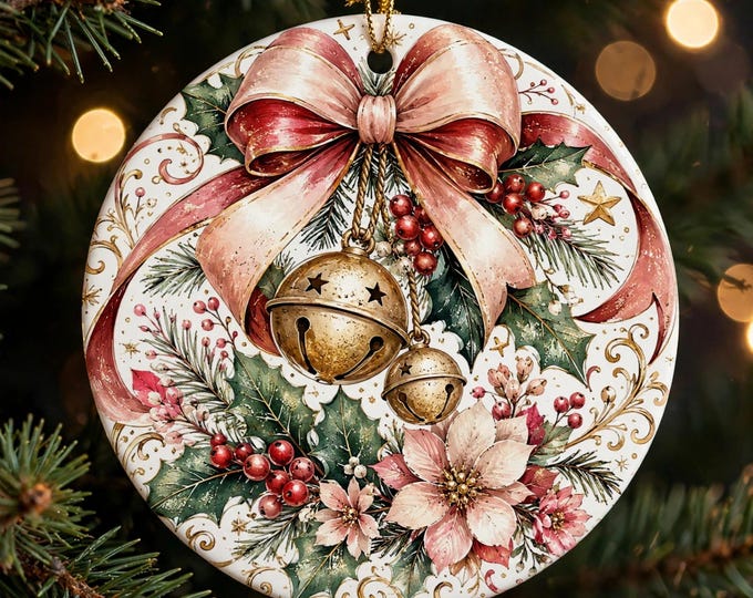 Gold Bells Christmas Ornament | Pink Bow Christmas Ornament | Double Sided MDF Tree Decoration | Elegant Christmas Gift