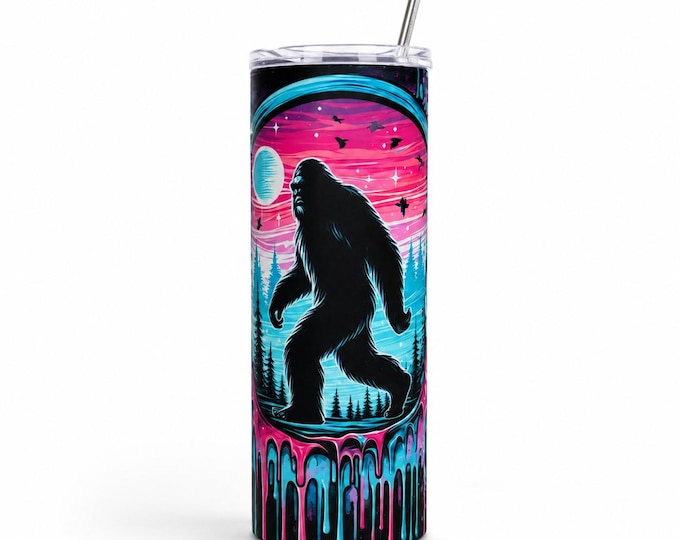 Neon Sasquatch Skinny Tumbler – Bigfoot Forest Sunset (20 oz)