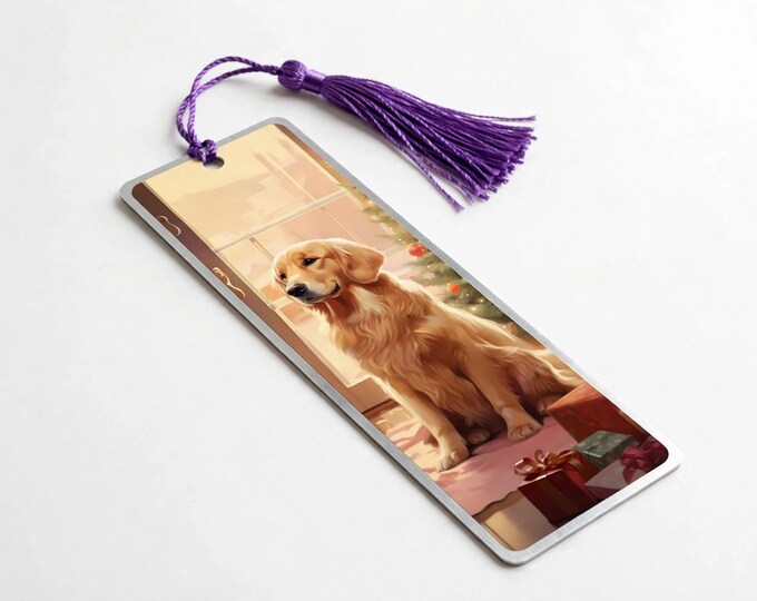 Golden Retriever at Sunset Metal Bookmark with Tassel — Christmas Dog Aluminum Bookmark, Book Lover Gift, Stocking Stuffer