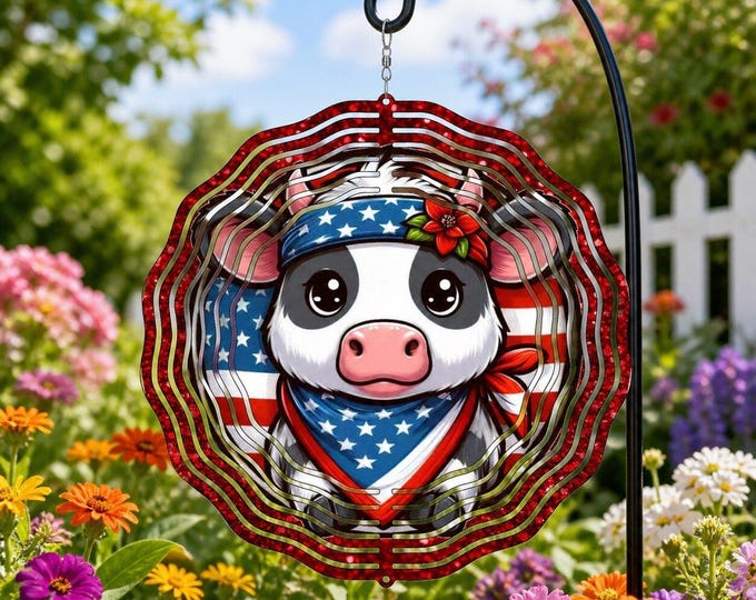 8" Patriotic Cow Wind Spinner | Farmhouse Flag Garden Decor (4th of July Gift)