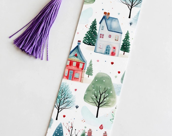 Village Lane Metal Bookmark with Tassel | Aluminum Bookmark | Watercolor Winter Village | Book Lover Gift